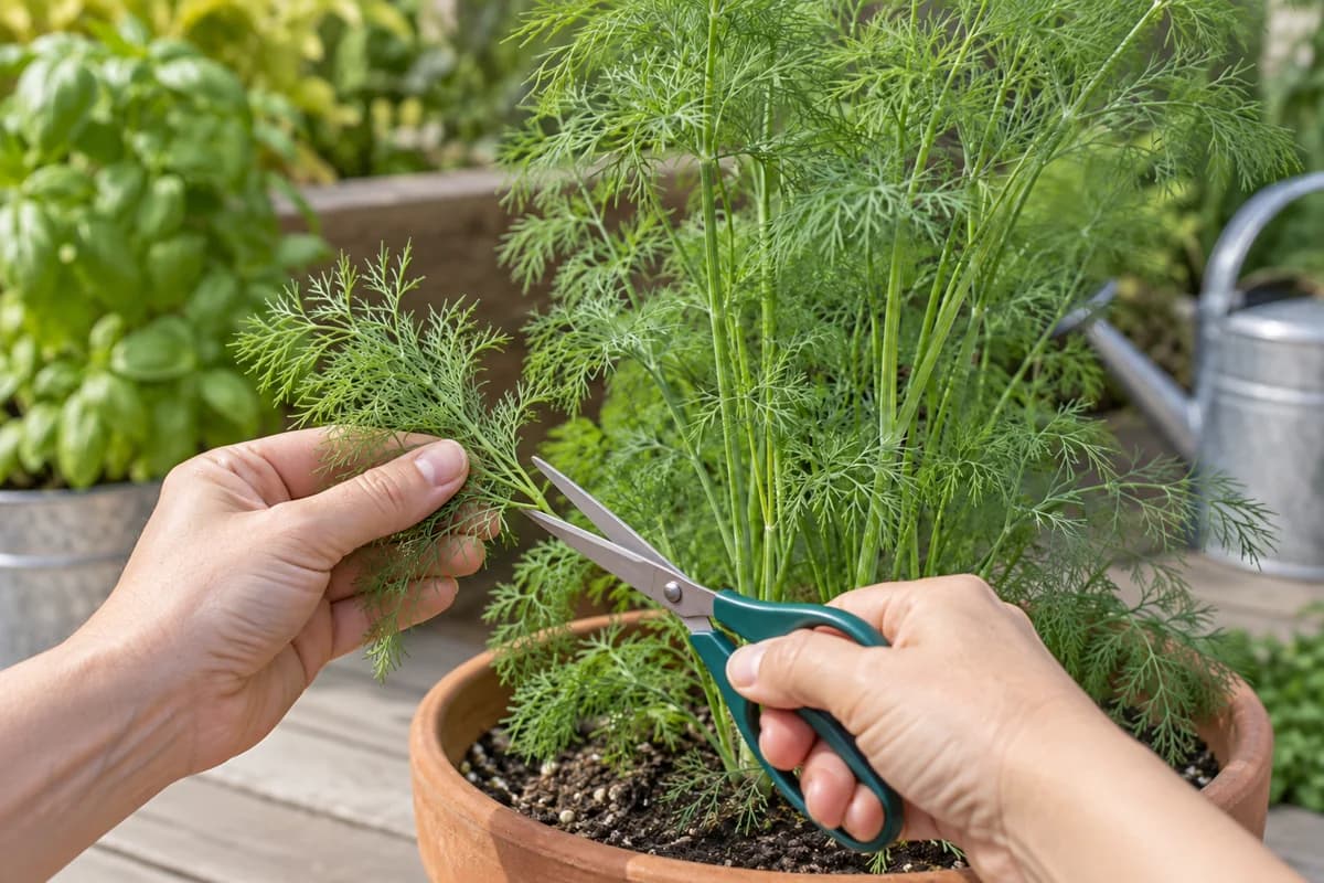 Scissors snipping a small leafy dill side stem while most foliage remains on the plant