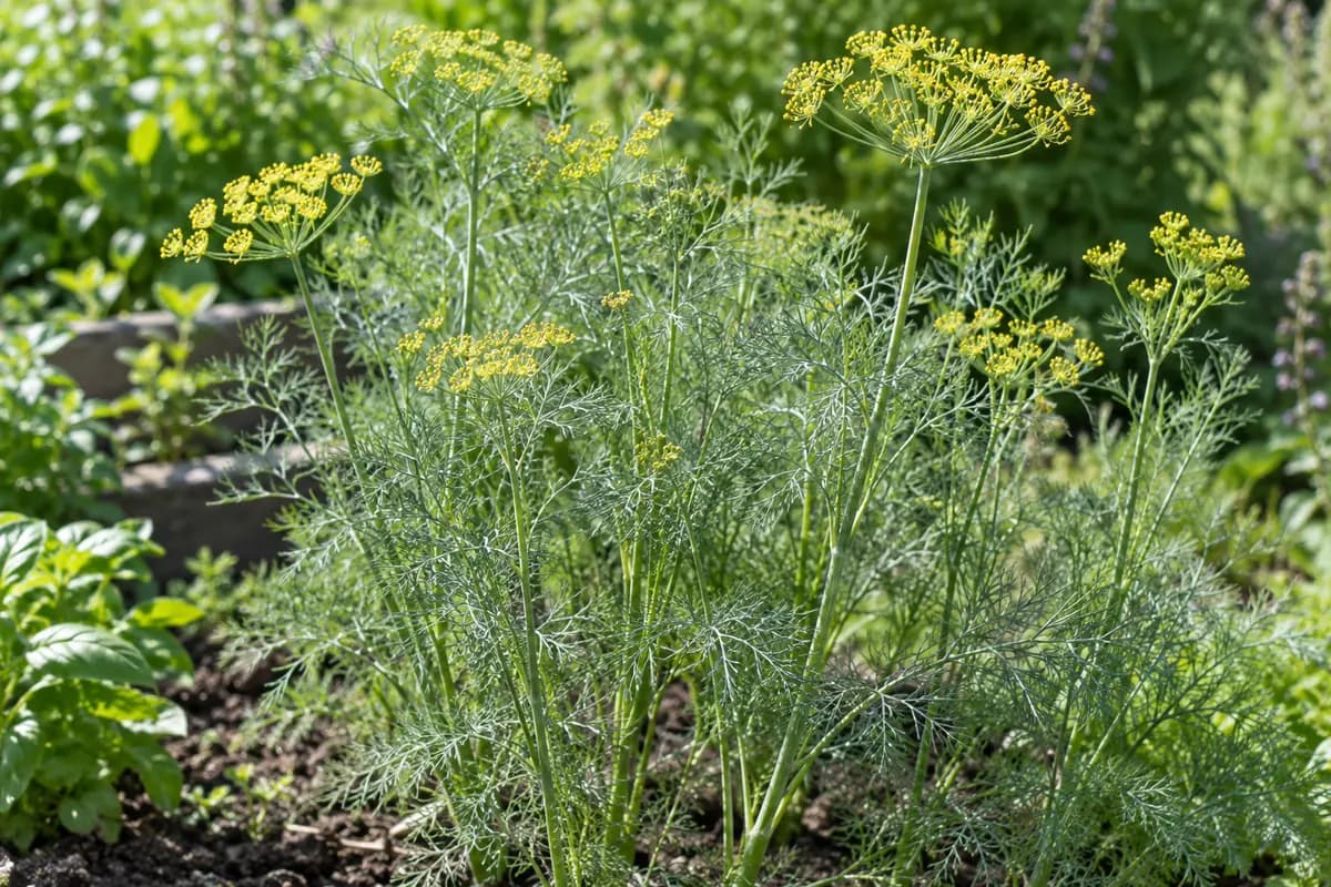 Feathery dill leaves and yellow umbrella-shaped flowers growing in a garden
