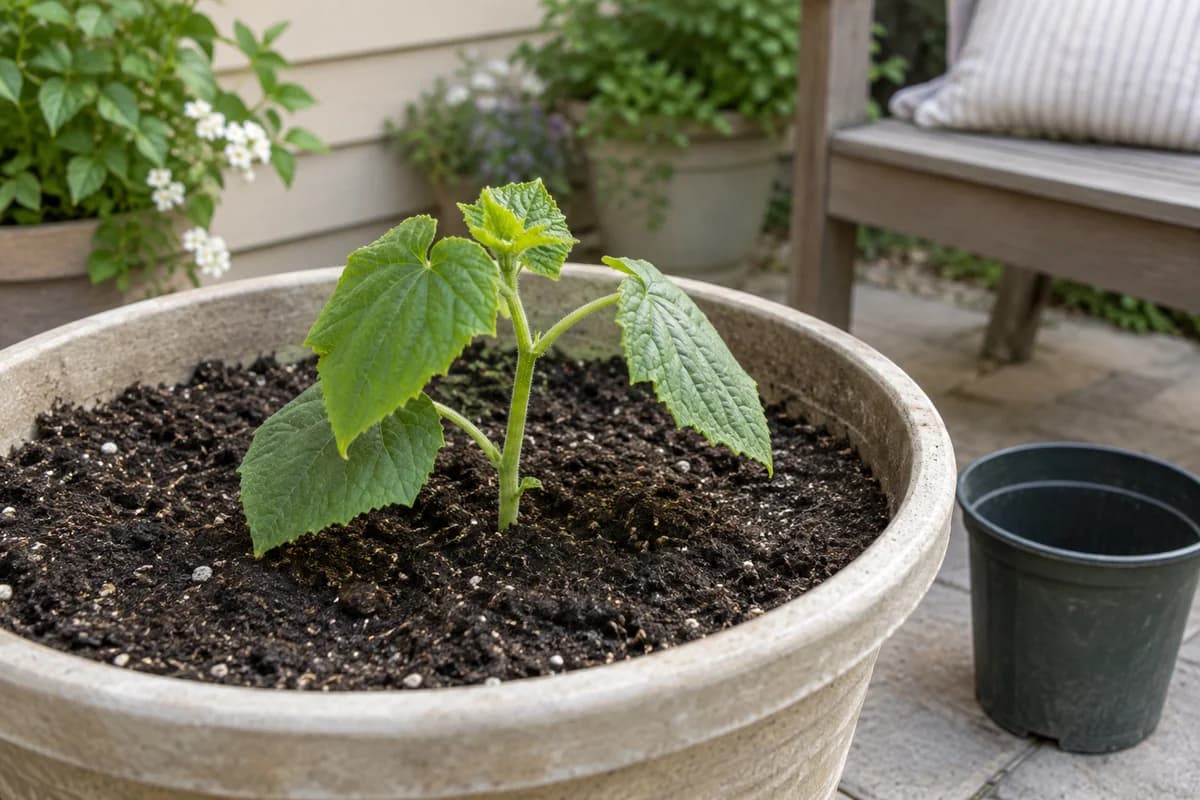 Recently planted cucumber seedling with drooping leaves in a large container