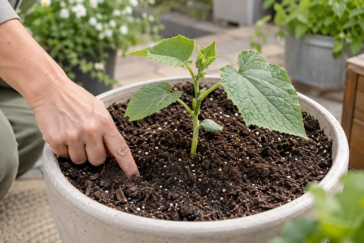 Finger checking growing mix beside a newly planted cucumber root ball