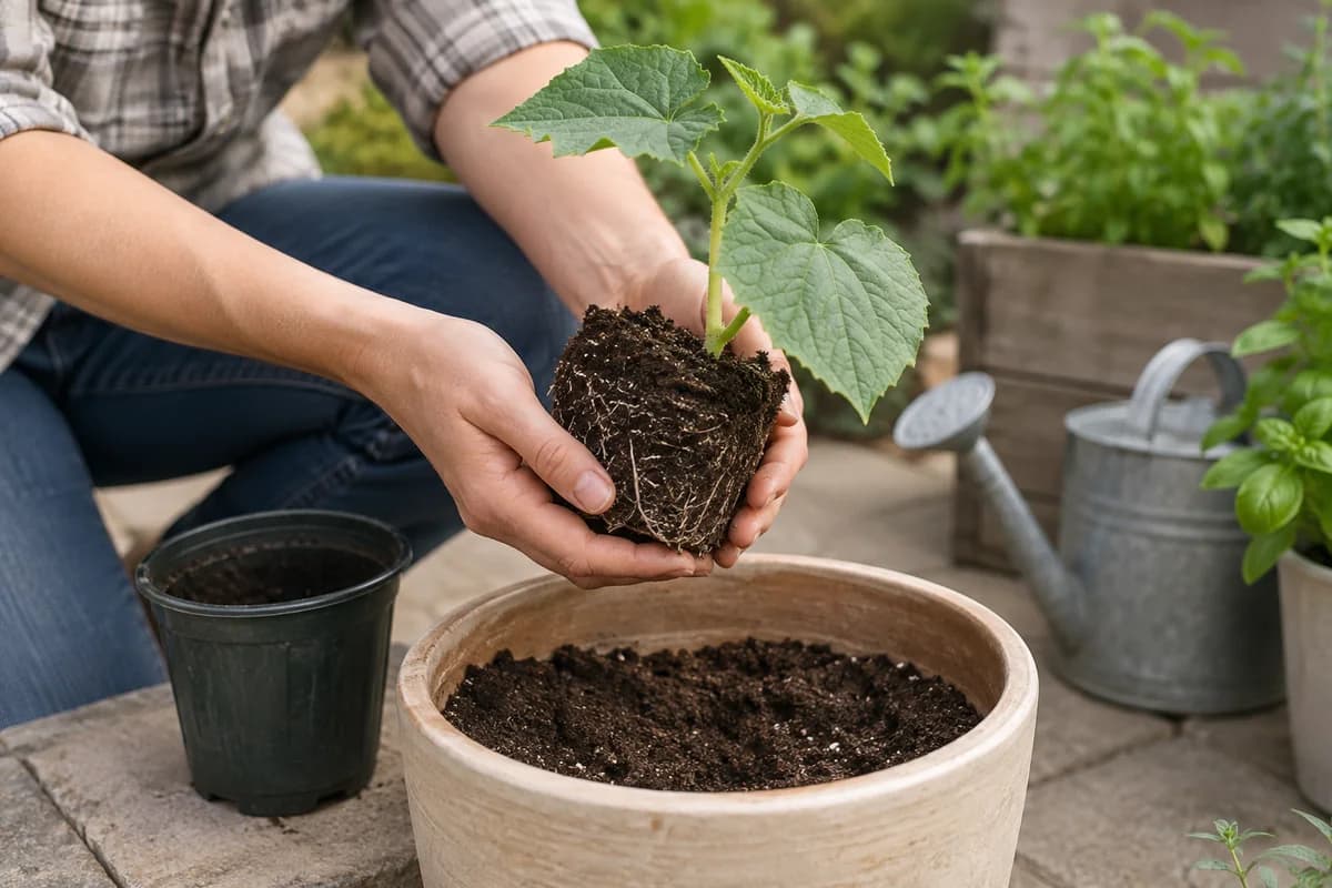 Hands supporting an intact young cucumber root ball beside its new container