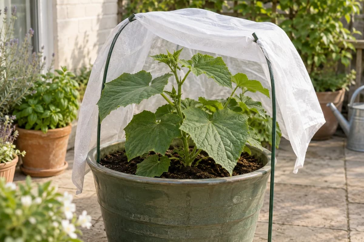 Young potted cucumber sheltered by an open-sided piece of garden fleece