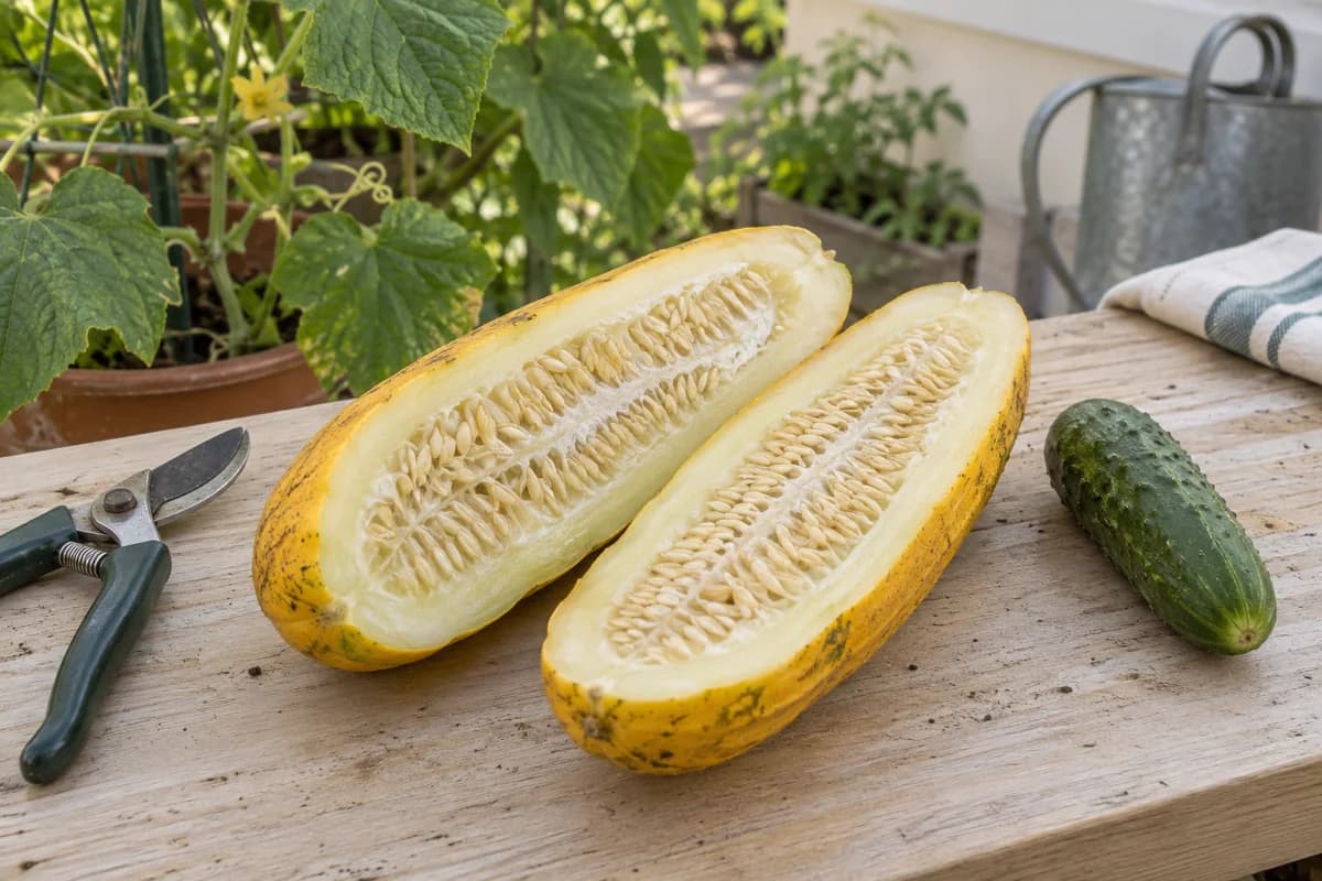 Yellow cucumber cut lengthwise to show a large developed seed cavity