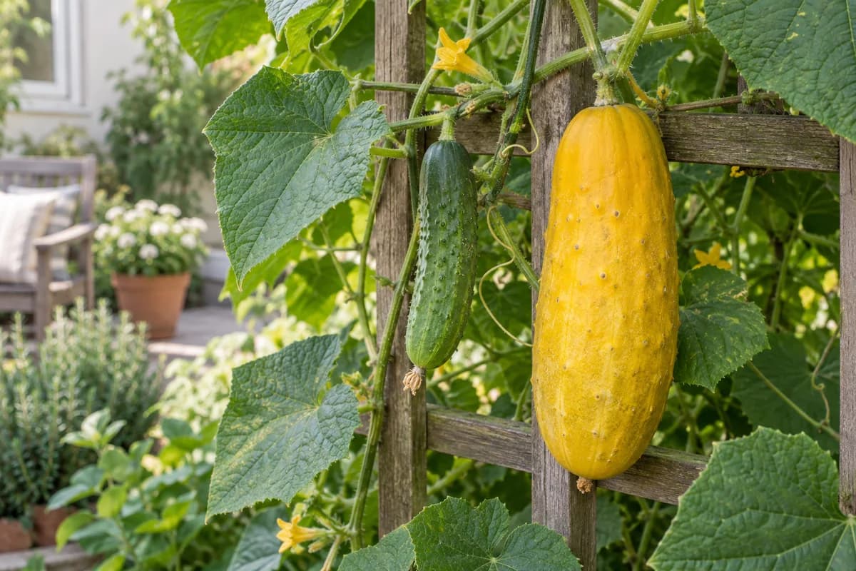 Large yellow cucumber beside a smaller green cucumber on the same vine