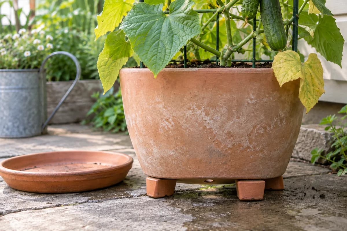 Cucumber container raised on pot feet with a visible base drainage opening and an empty saucer beside it
