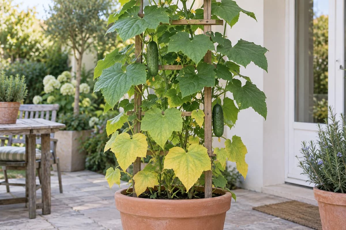 Cucumber vine with yellowing lower leaves and greener upper growth on a simple trellis