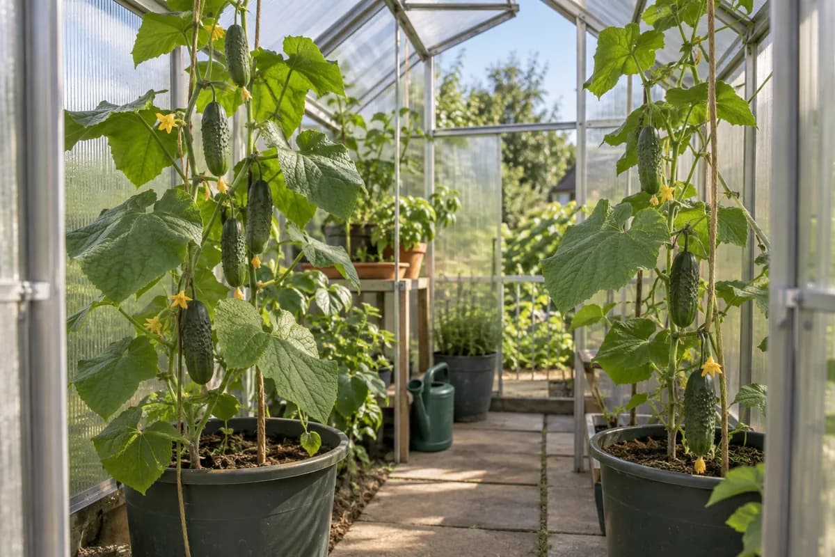Illustration of cucumber vines in large pots on either side of a greenhouse path