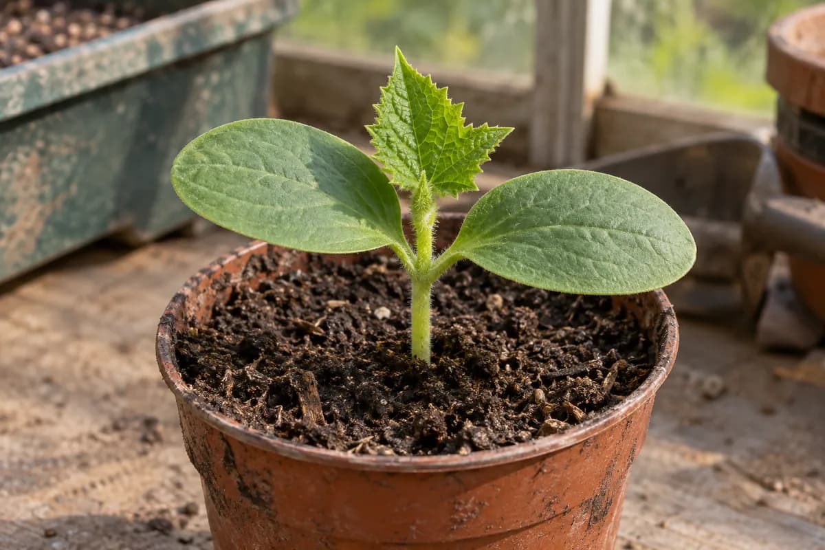 A cucumber seedling with two smooth-edged oval seed leaves and one pointed, toothed true leaf rising between them