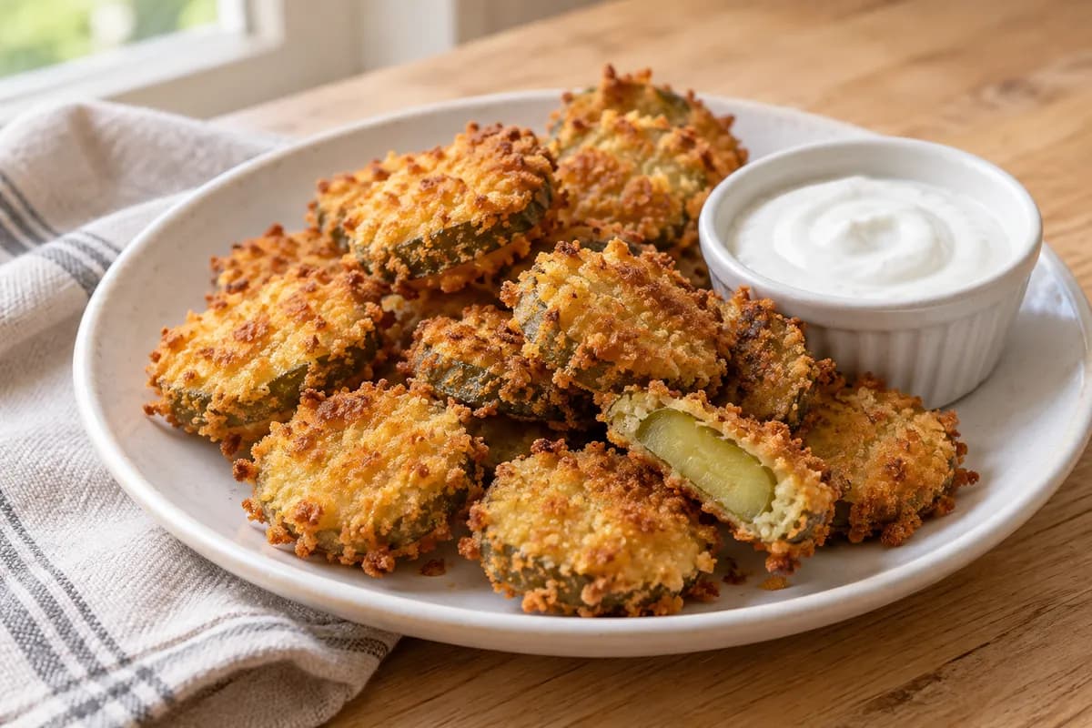 Golden breaded pickle coins with a small bowl of yogurt dip.