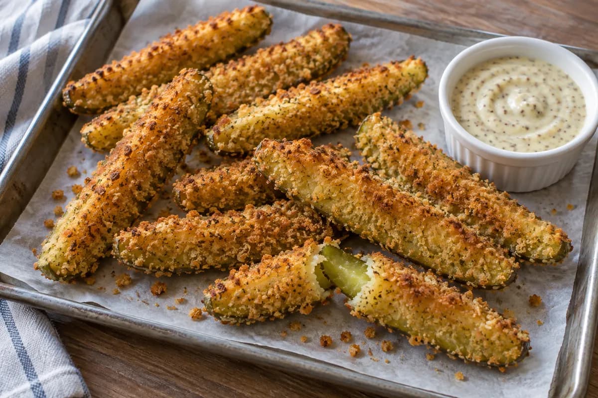 Golden breadcrumb-coated pickle spears on a tray with mustard yogurt dip.