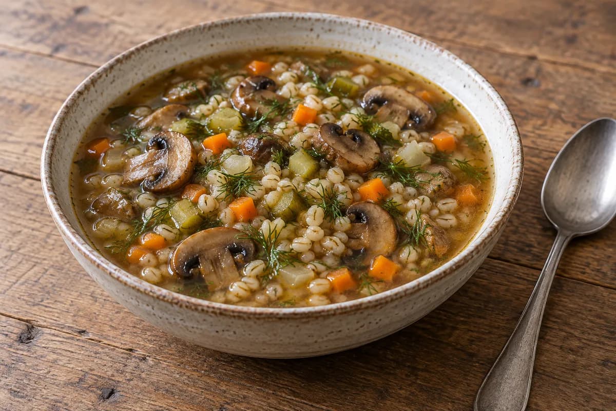Clear vegetable soup containing pearl barley, sliced mushrooms, carrots and diced pickles, finished with dill