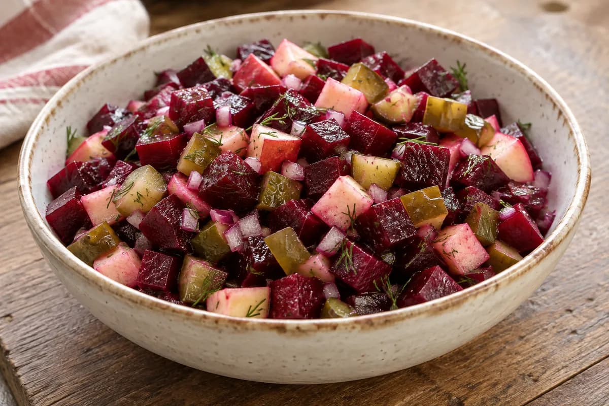 Diced beetroot, apple and pickles with fresh dill.