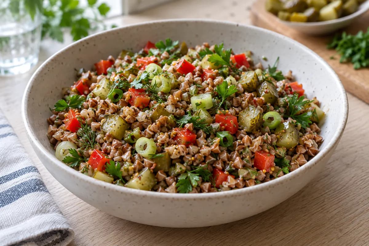 Toasted buckwheat salad with diced pickles, red pepper, spring onion and parsley.