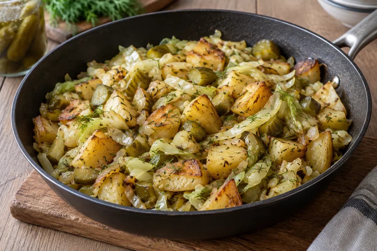 A frying pan of browned potato pieces, softened cabbage and onion with chopped pickles and dill