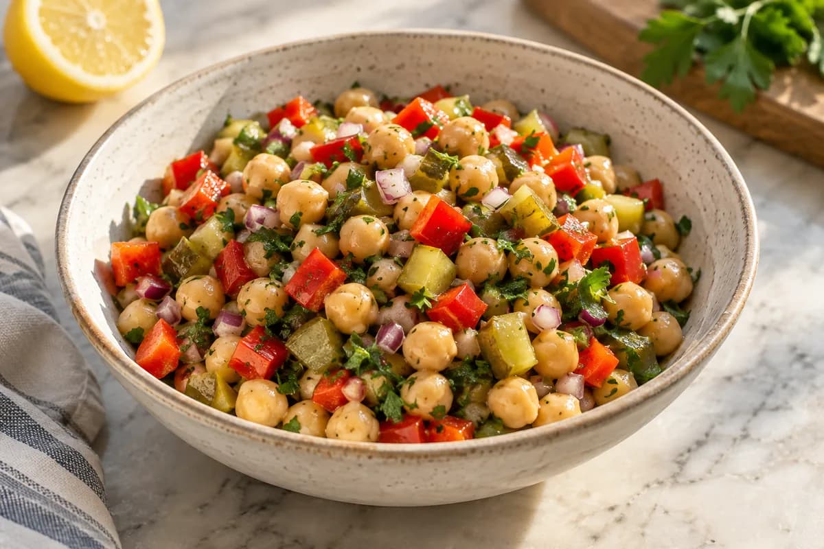 Whole chickpeas, red pepper and pickles in a lemon dressing.