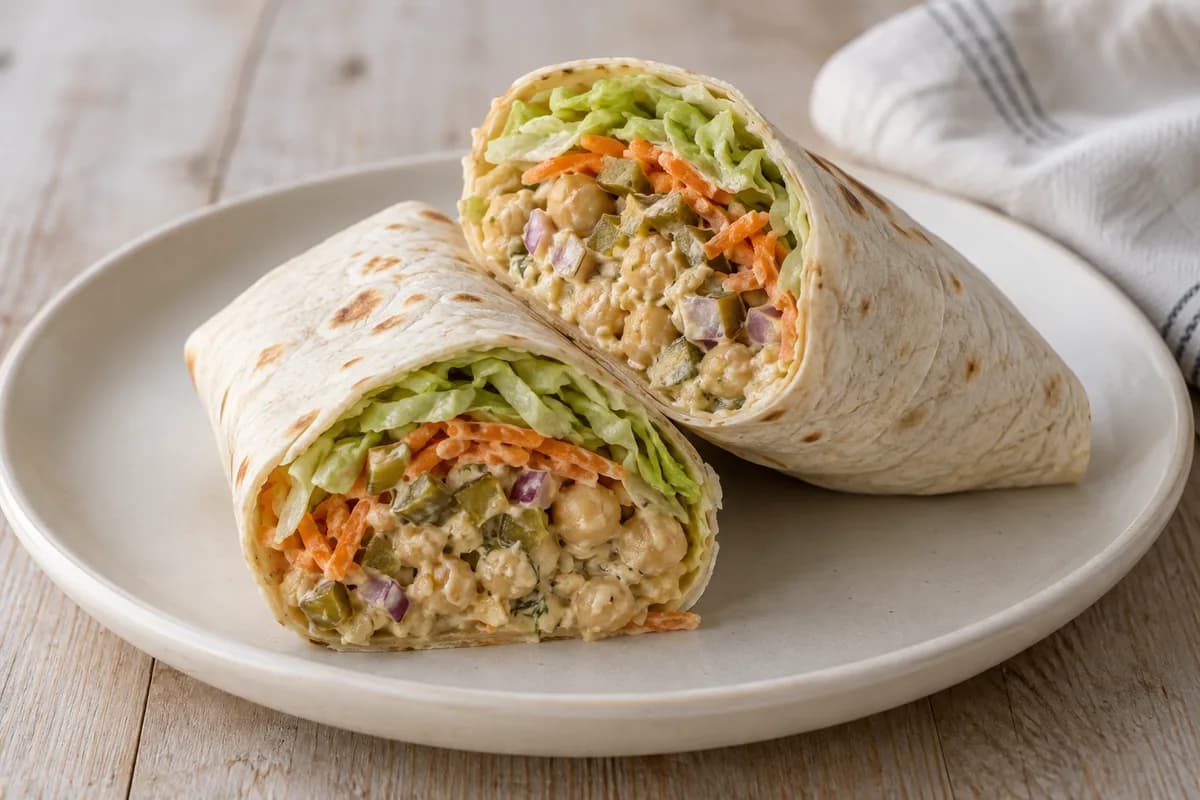 Cut flour tortilla wraps showing crushed chickpeas, grated carrot, chopped pickles and lettuce