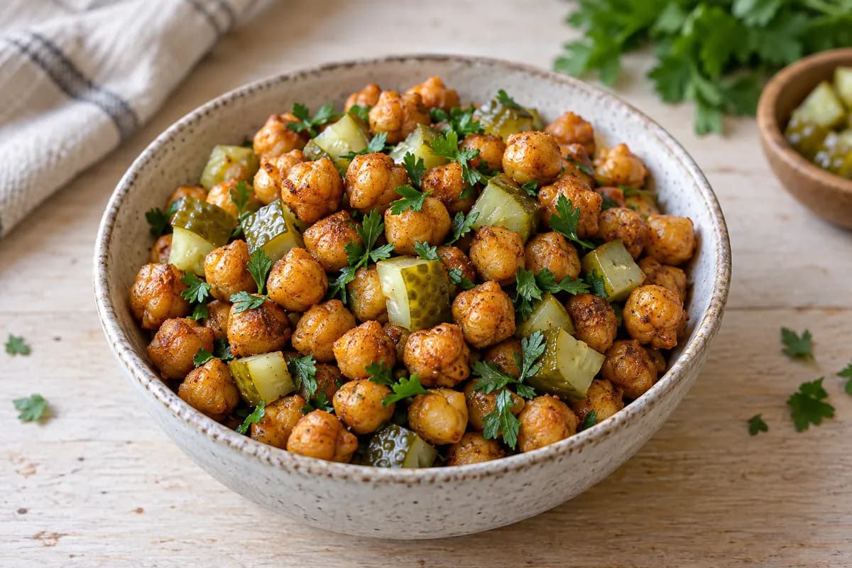 Roasted chickpeas with paprika, chopped dill pickles and parsley.