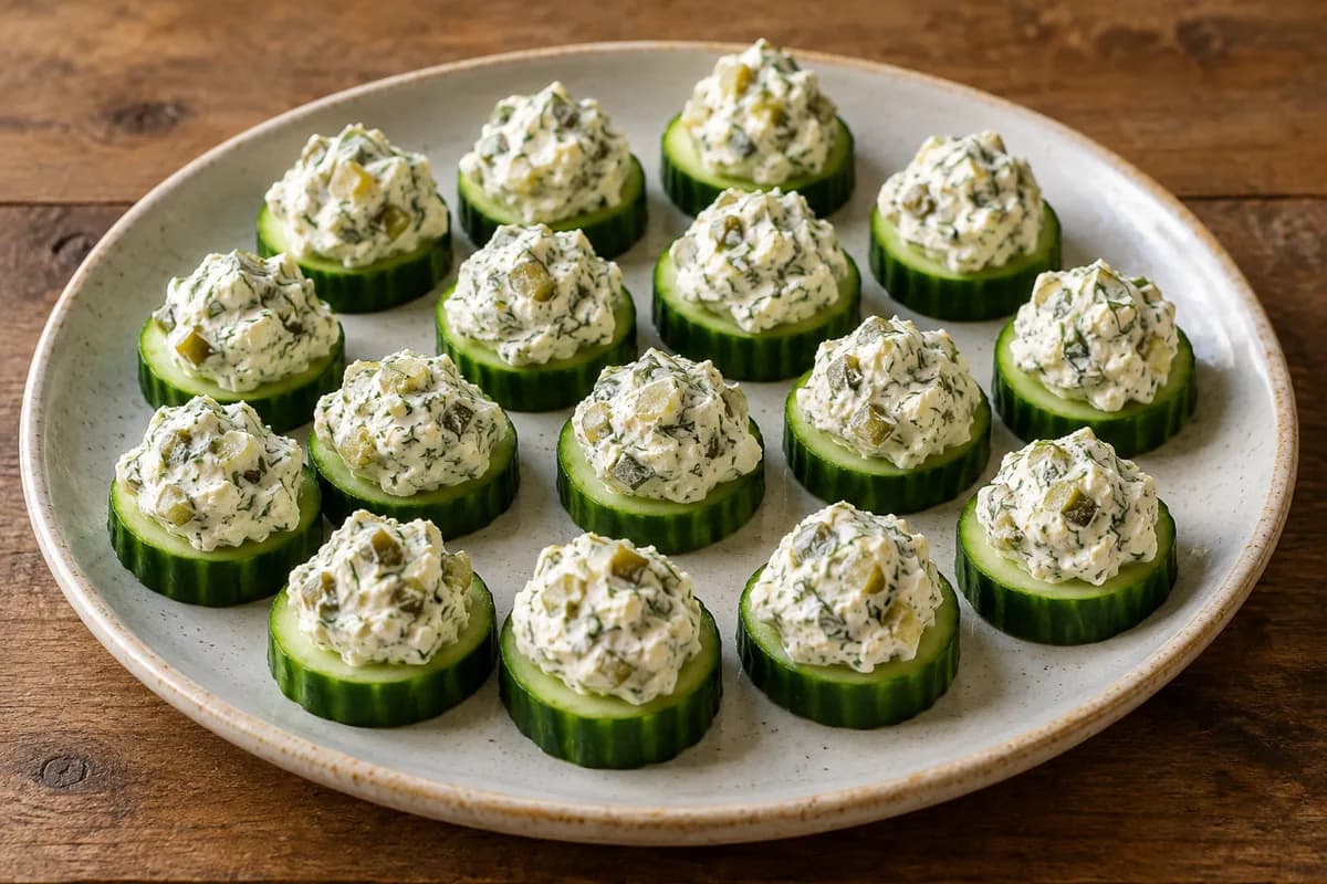 Fresh cucumber rounds topped with pickle and dill cream cheese.