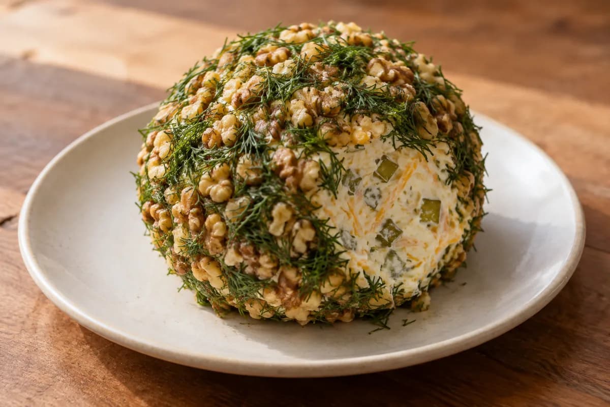 Walnut-coated cheese ball with pickle and cheddar inside.