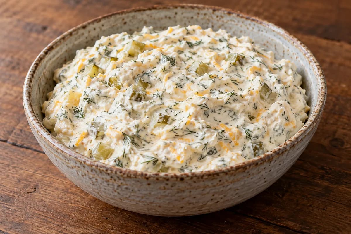 Creamy pickle dip with chopped dill, pickle cubes and fine cheddar.