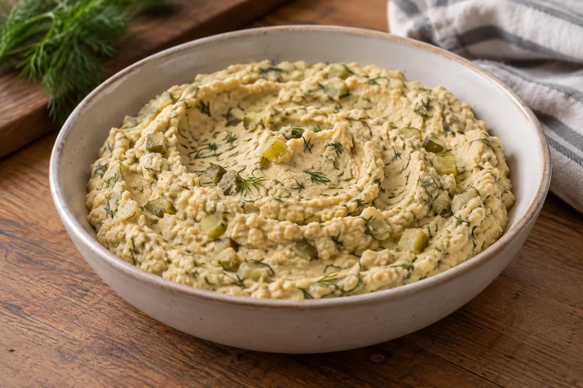 Chickpea hummus with small pickle pieces and chopped dill.