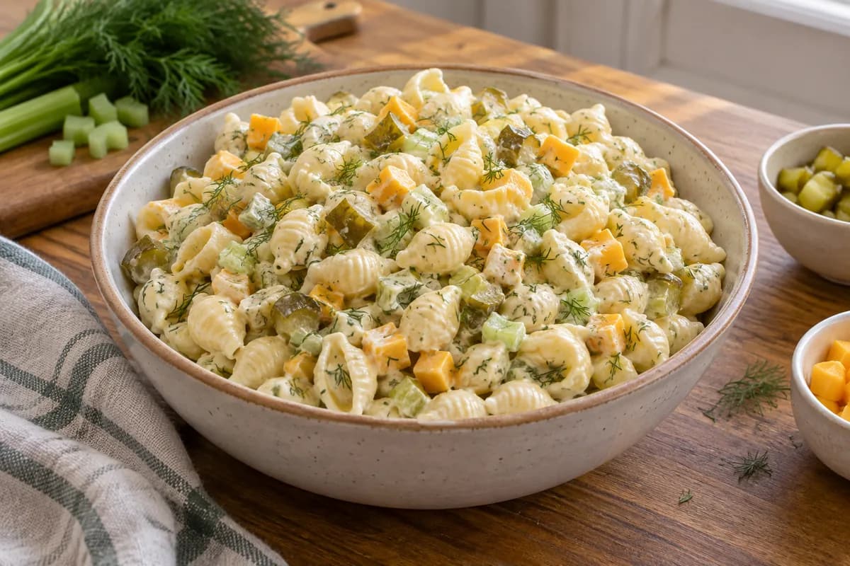 Small pasta shells with cheddar, celery and chopped pickles.