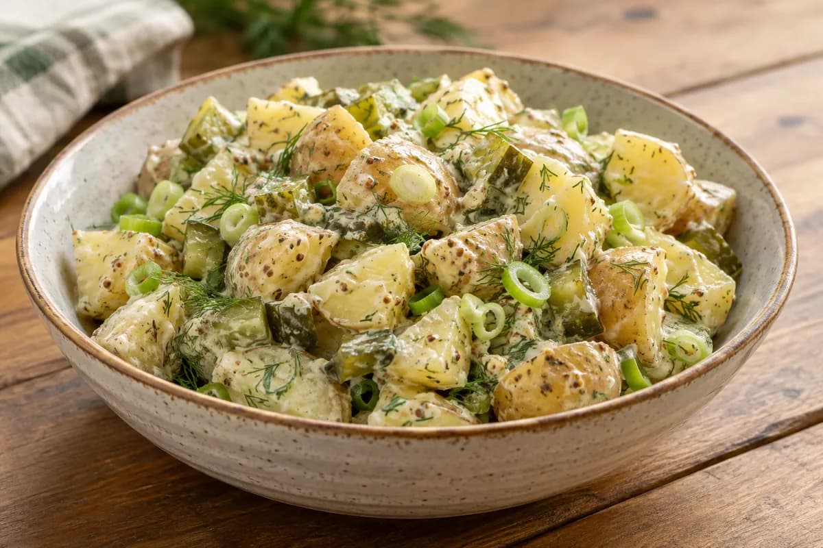 Chunky potato salad with pickles, dill and spring onion.