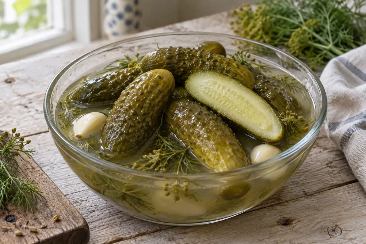 Whole fermented dill cucumbers with dill and garlic in a bowl of brine.