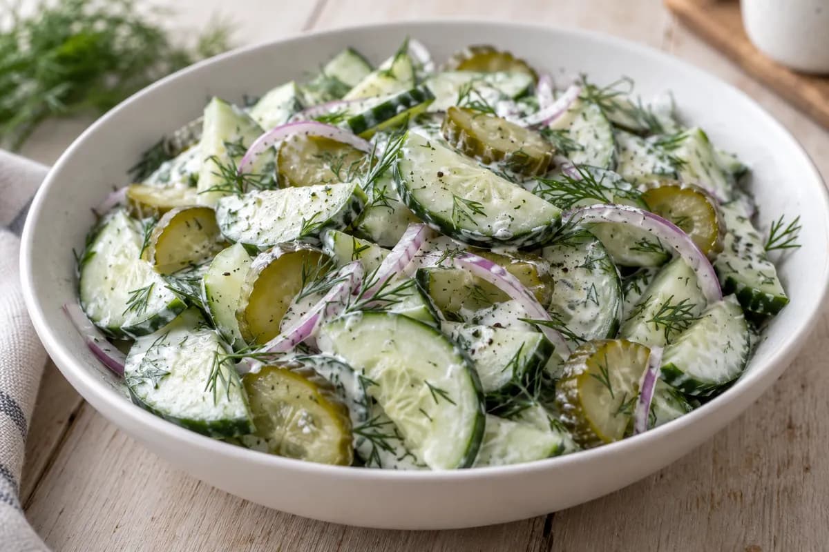 Fresh cucumber, dill pickles and red-onion slivers in a light yogurt-and-dill dressing.