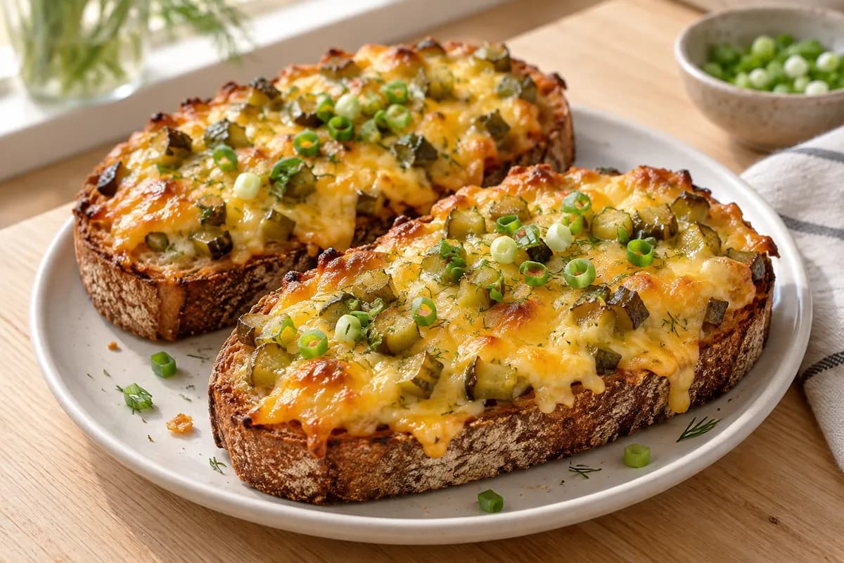 Two thick toasts with bubbling cheddar, diced pickles, dill and spring onion.