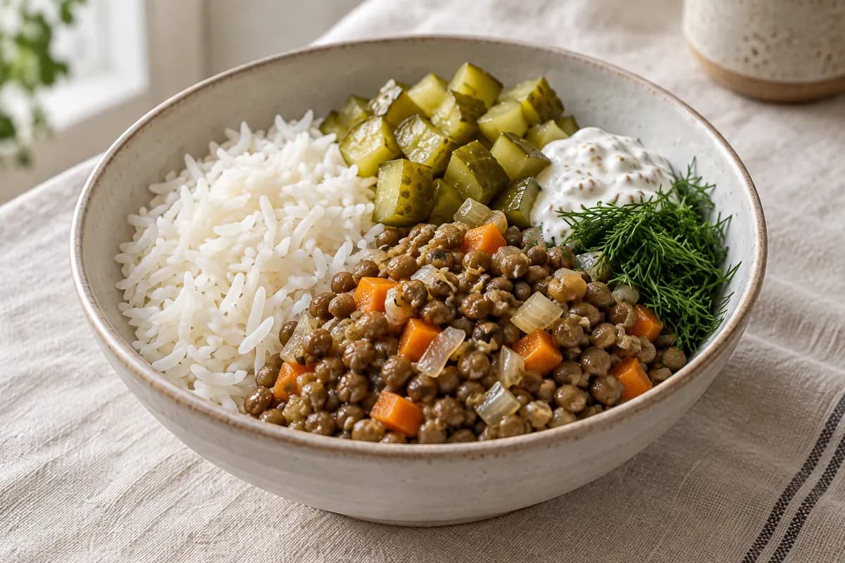Rice bowl with warm lentils, diced carrots, fresh dill pickles and a spoonful of mustard yogurt