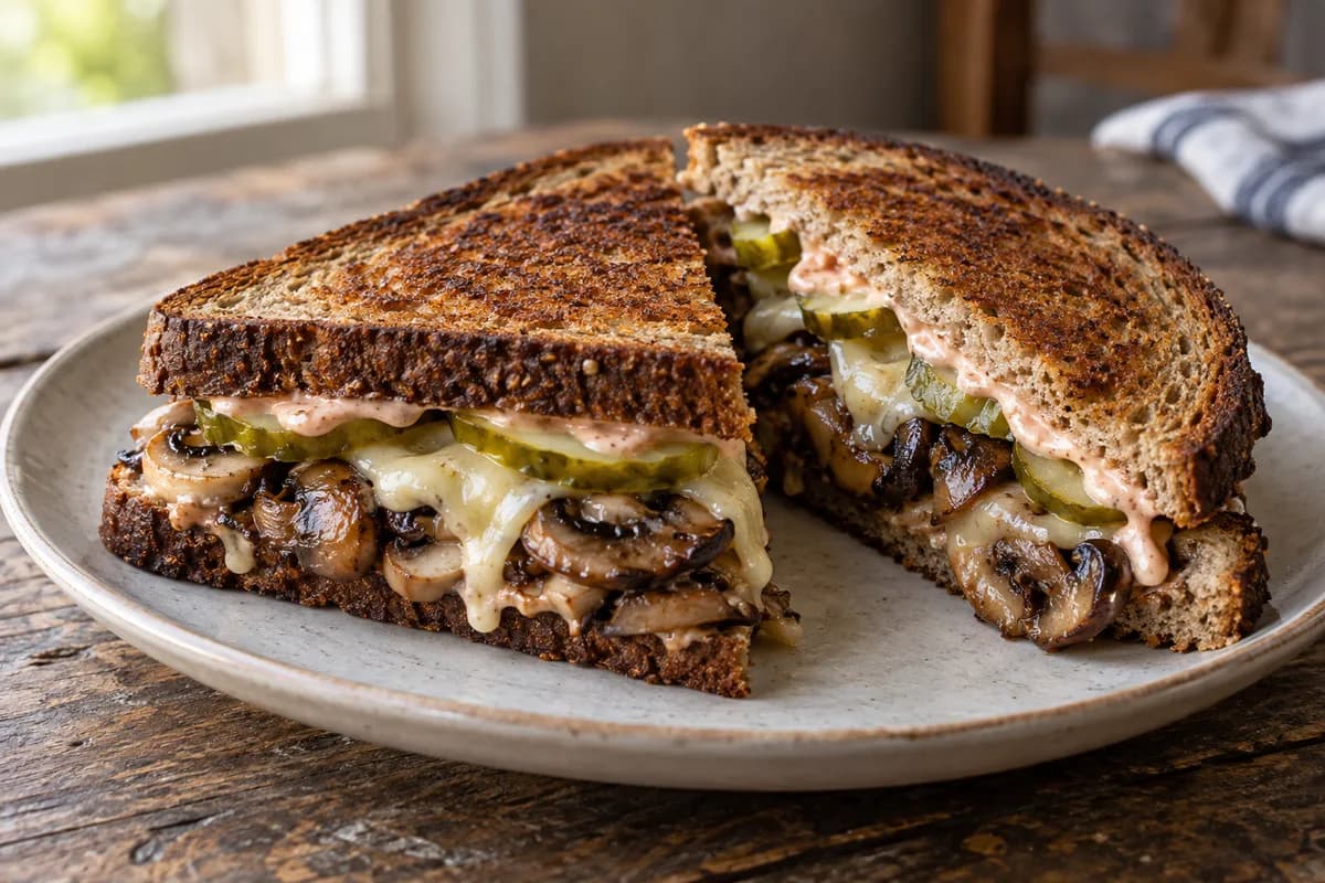 Toasted rye sandwich halves filled with browned mushrooms, melted Swiss cheese, dill pickles and a pale pink dressing