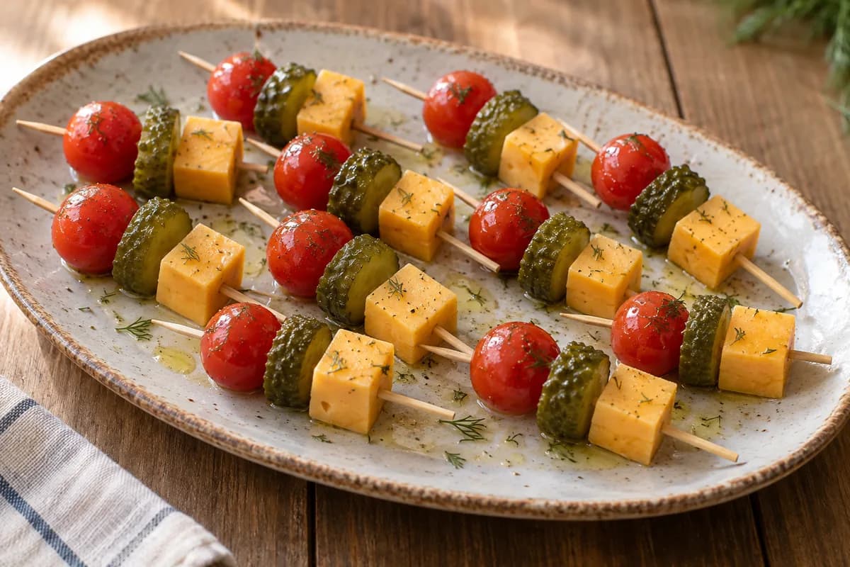 Small skewers of cheddar, pickle and cherry tomato.