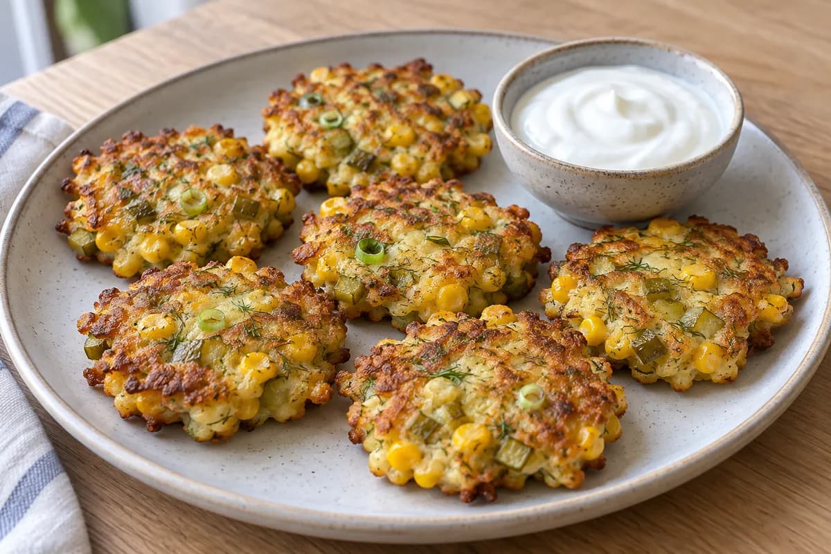 Golden sweetcorn fritters with diced pickles, spring onion and yogurt.