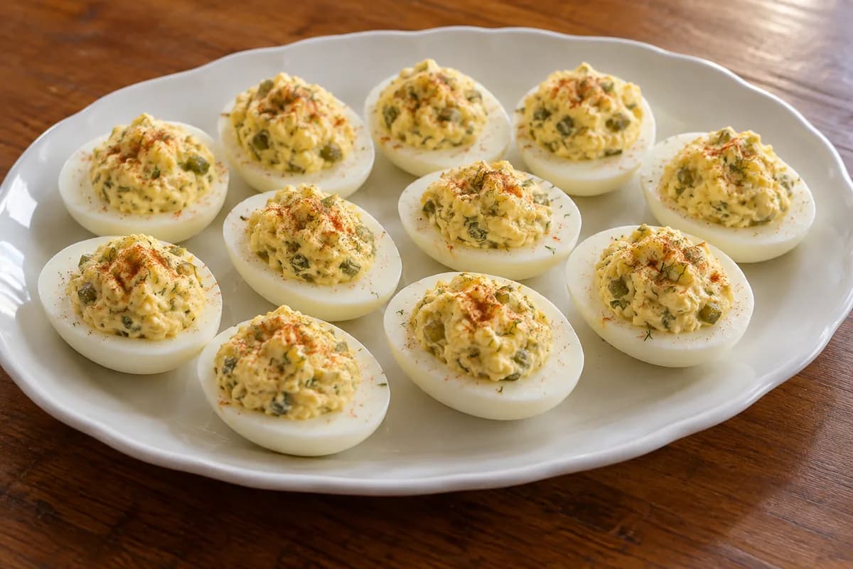 Deviled egg halves with chopped pickle filling and paprika.
