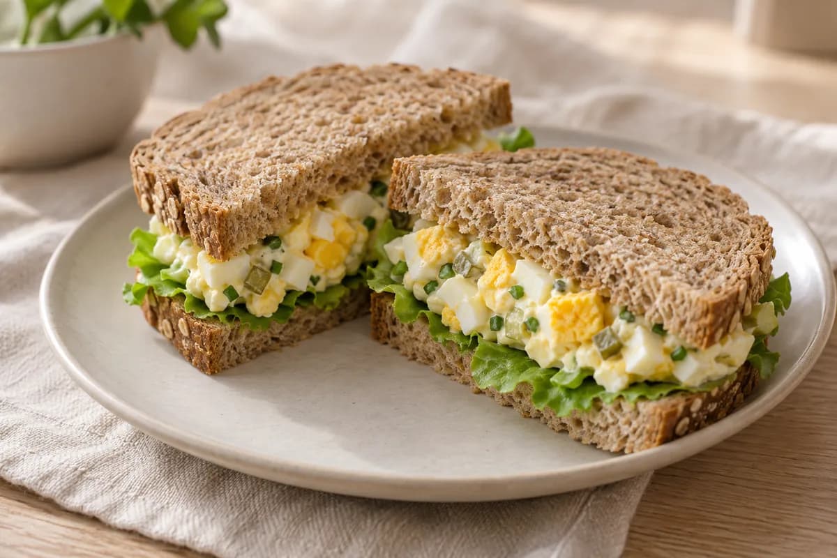 Wholemeal sandwich halves filled with chunky egg salad, chopped dill pickles and green lettuce