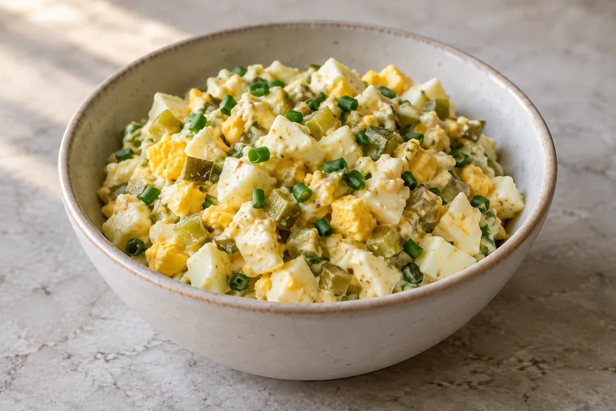Chopped hard-cooked eggs with pickles and chives in a creamy dressing.