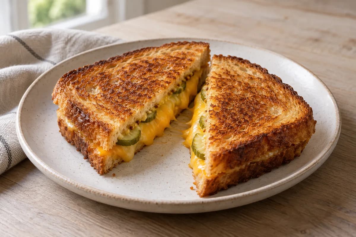 Two halves of a golden grilled cheese sandwich showing melted cheddar and a thin layer of dill pickle slices