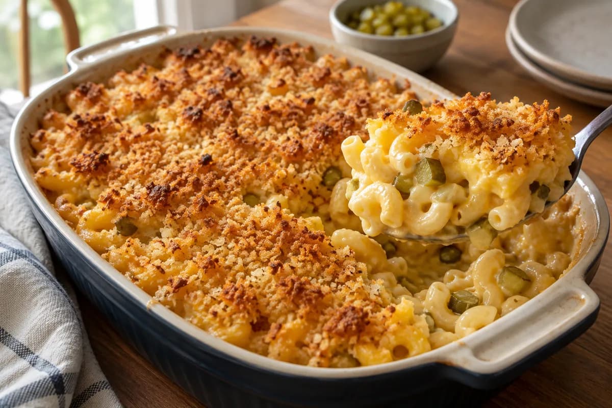 Baked macaroni in cheddar sauce with small pickle pieces and a golden breadcrumb topping