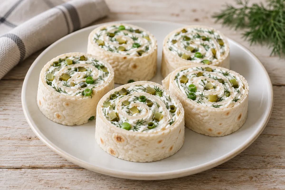 Cream cheese and finely chopped dill-pickle tortilla pinwheels.