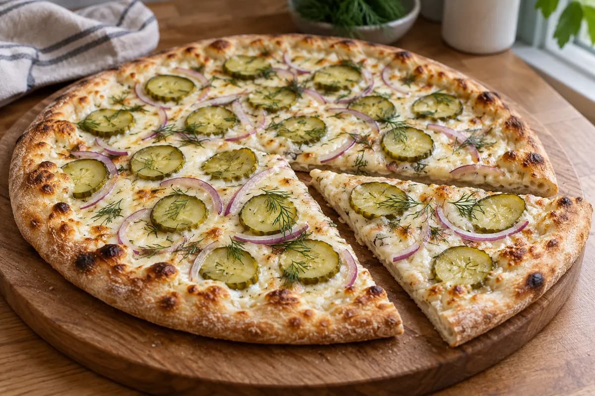 Thin white pizza with melted mozzarella, dill pickle rounds, red onion and fresh dill on a golden crust