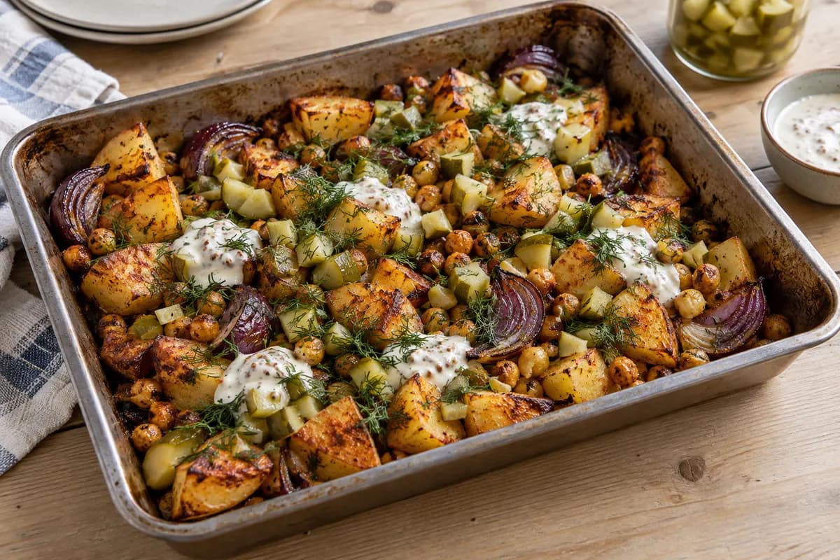 Golden roasted potatoes, chickpeas and red onion topped with chopped dill pickles, fresh dill and mustard yogurt