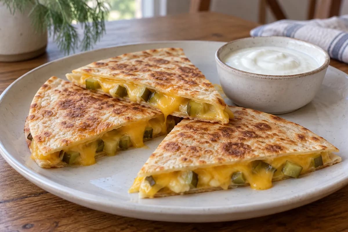 Toasted tortilla wedges with melted cheddar, diced dill pickles and yogurt.