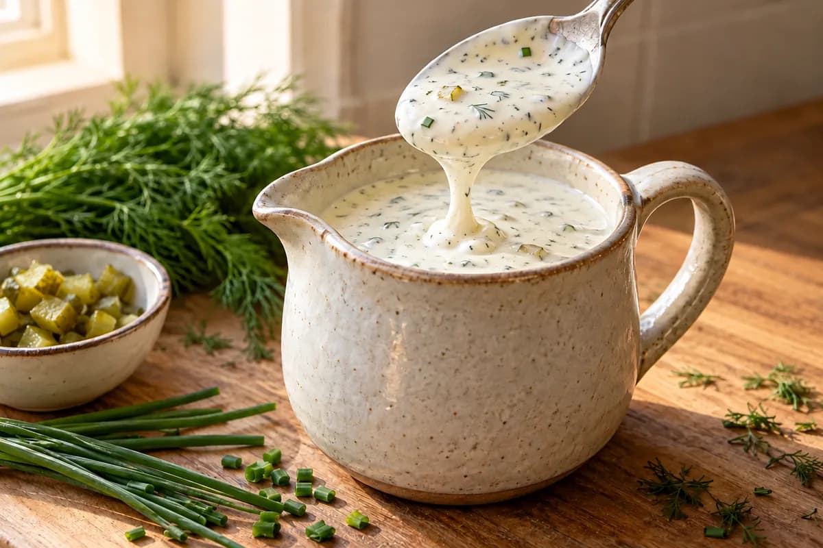 Creamy pickle ranch dressing pouring slowly from a spoon.