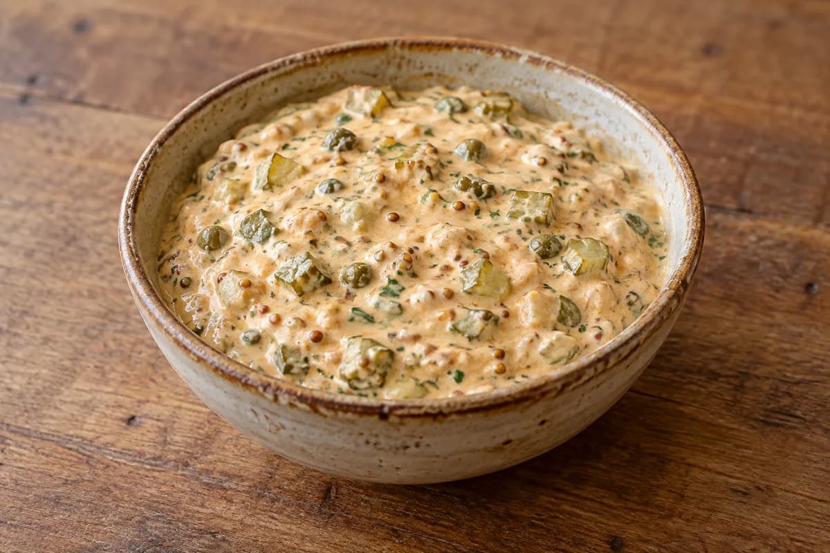 Paprika-tinted remoulade with pickle pieces, capers and mustard seeds.