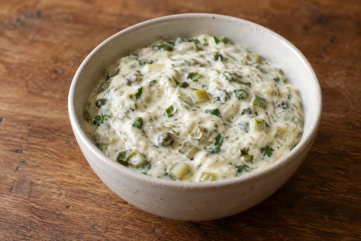 Thick tartar sauce with diced pickles, capers and parsley.
