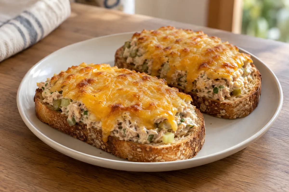 Open-faced tuna melts with golden cheddar over tuna, celery and chopped dill pickles on toasted bread