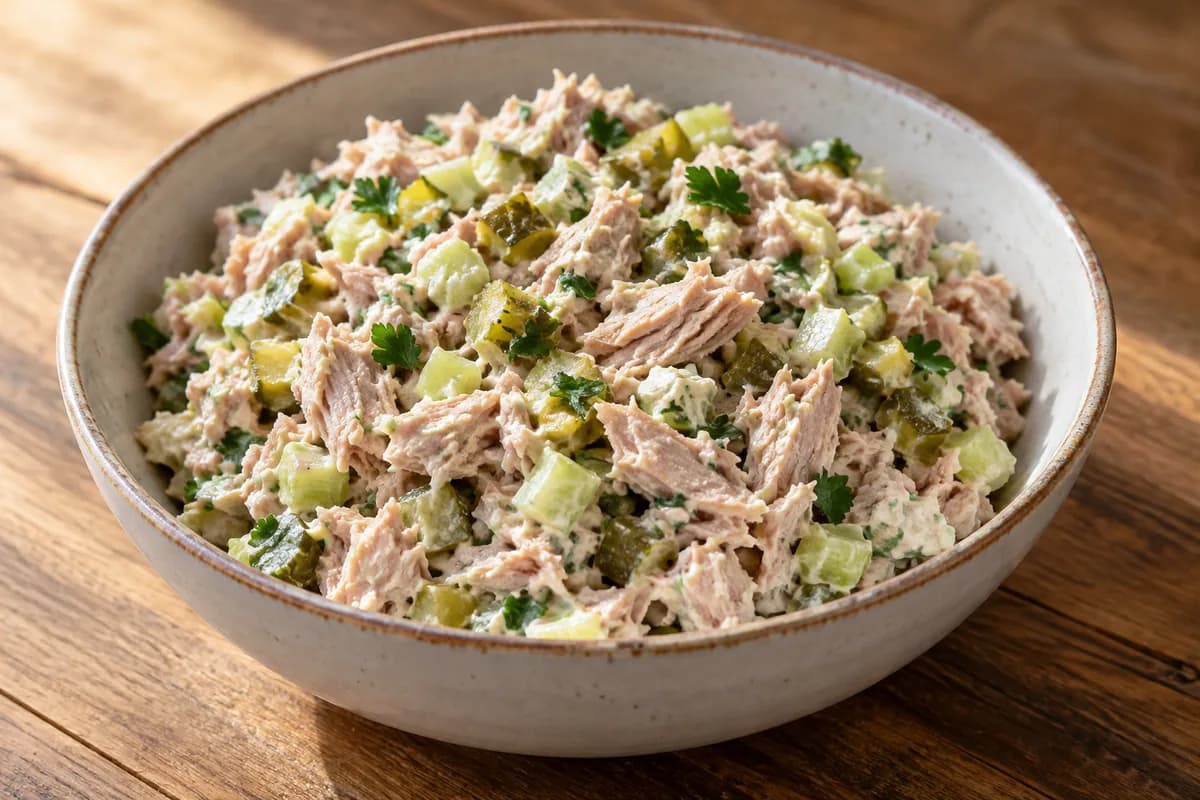 Flaked tuna with celery, pickles and parsley.