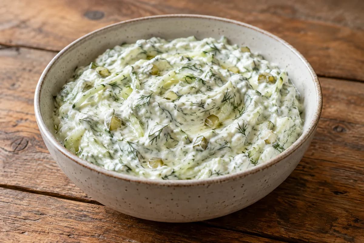Thick yoghurt dip with fresh cucumber, dill and chopped pickles.
