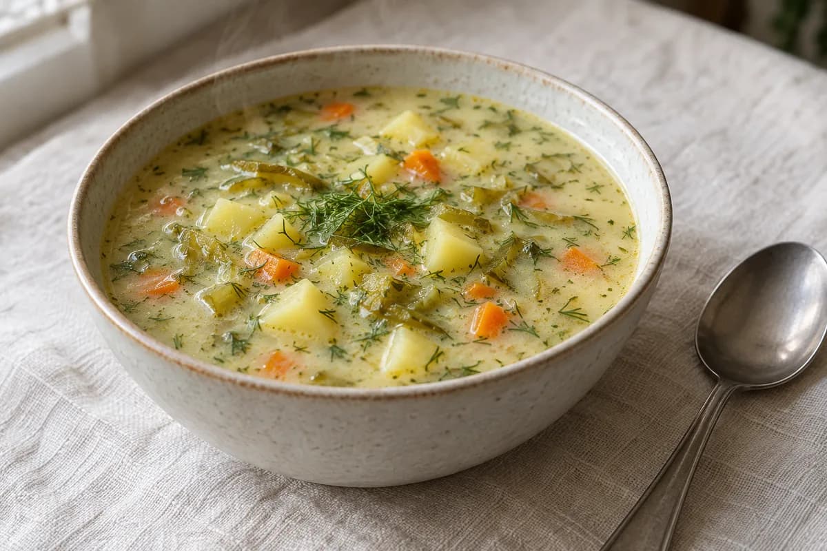 Creamy dill pickle soup with potato cubes, carrots, grated pickles and chopped dill in a ceramic bowl
